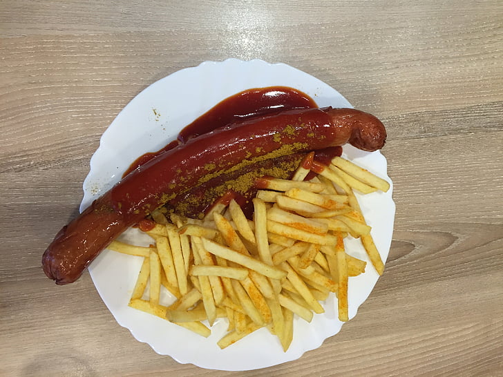 Currywurst, salsicce al curry gigante, Francese, mangiare, cibo, Fast food, spuntino