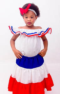 Dominikanske, Pige, kjole, Dominikanske Republik, farver, rød med blå, blå med rød