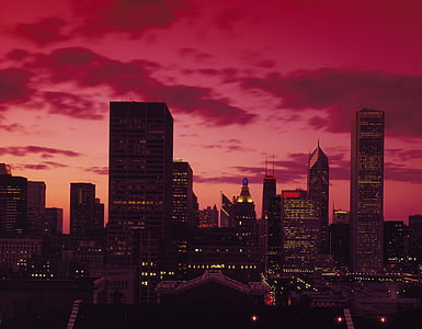 chicago, skyline, dusk, city, urban, architecture, cityscape