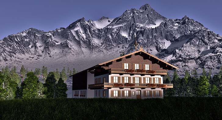 Alpske gore, gore, hiša, idila, počitniški dom, digitalne umetnosti