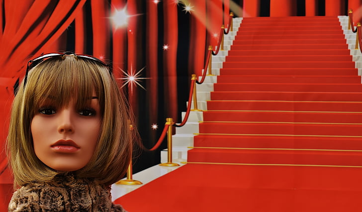 Vörös szőnyeg, lépcsők, Glamour, nő, csinos, elegáns, napszemüveg