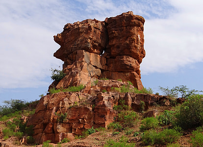 Badami, pedras, arenito, escarpadas, penhascos, Karnataka, Índia