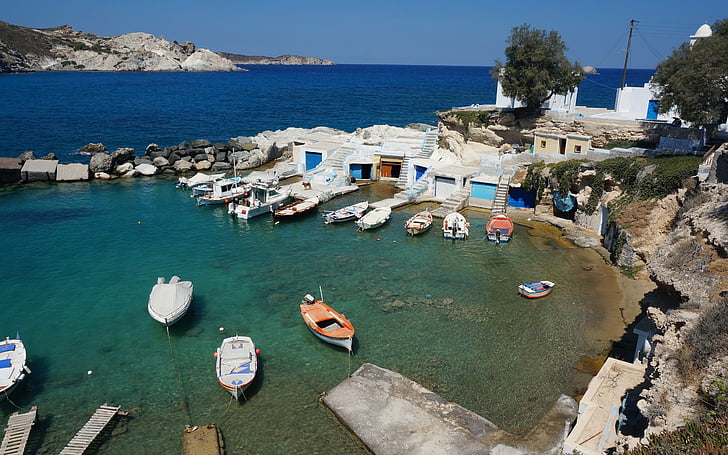 Grekland, grekisk ö, Milos, solen, fiskarnas hus, havet, gamla hus