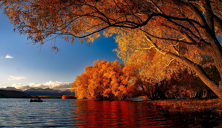 Nieuw-Zeeland, Lake tekapo, reflecties, landschap, schilderachtige, herfst, Val
