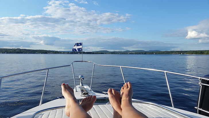 Verão, Québec, barco, sol, água, paisagem de verão