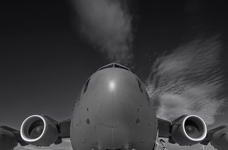 hungary, c-17, plane, aircraft, jet, black and white, nose