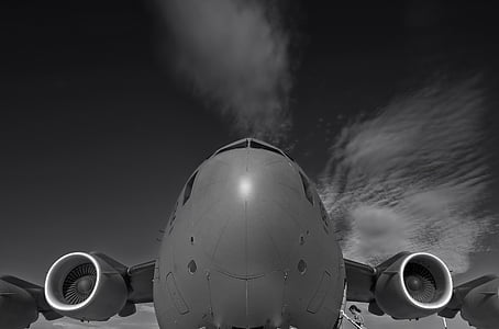 Hungría, c-17, plano, avión, Jet, blanco y negro, nariz