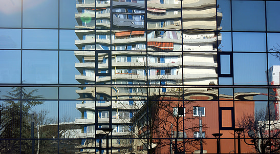 arquitetura, espelhamento, arranha-céu, edifício de escritórios, fachada, paisagem urbana, vidro