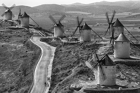 mlyny, Consuegra, moridlo, Don Quijote, Toledo, Španielsko, opustené