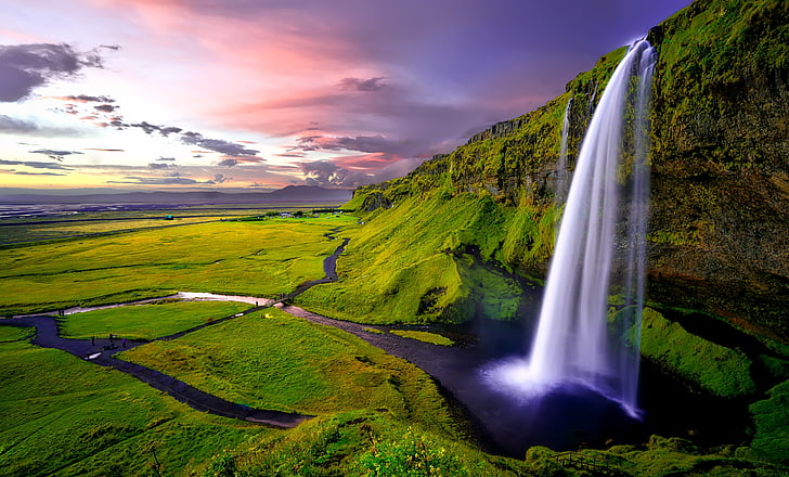 Izland, vízesés, vízesés, hegyek, naplemente, alkonyat, Sky