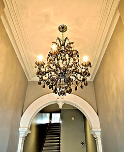 chandelier, hallway, building, design, archway, stairs