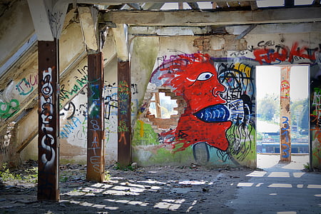 lost places, graffiti, ruin, industrial building, leave, decay, factory building