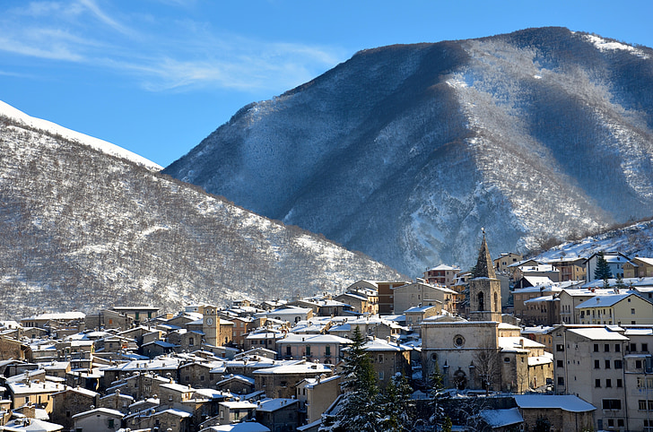 Scanno, Abruzzo, zăpadă, iarna, oraşul, Italia