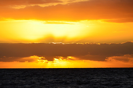 sunset, beach, sun, clouds, sea, yellow, orange