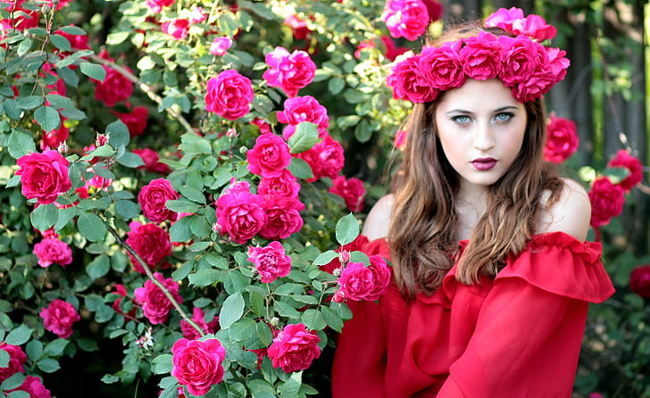 jeune fille, roses, rouge, guirlande, fleurs, beauté, femmes