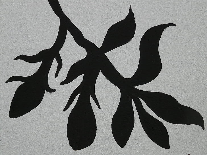 drawing, leaf, branch, mural, black and white, abstract, art
