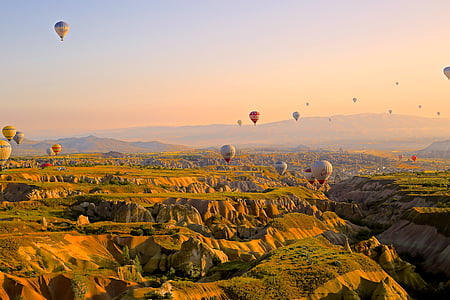 hot air ballons, flying, above, valley, geological formation, cappadocia, turkey