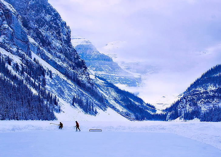 mountains, winter, snow, ice, frozen lake, children, ice hockey