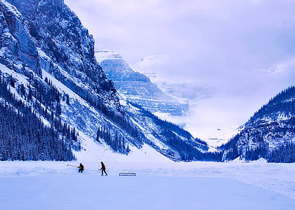 планини, зимни, сняг, лед, замръзнало езеро, деца, хокей на лед