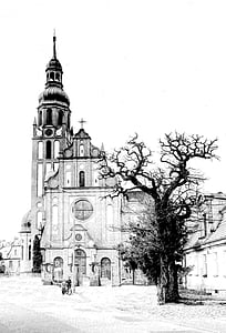 Bydgoszcz, Église de la Sainte Trinité, architecture, noir et blanc, bâtiments, Temple, vieux