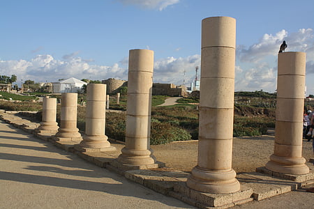 israel, column, roman, architecture, stone, ruin, sky