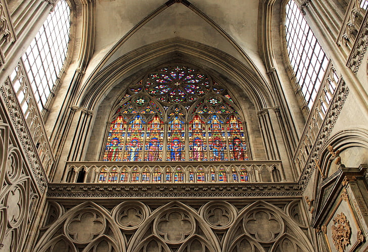 katedrālē, logu vitrāžas, reliģija, baznīca, iekrāso, logs, vitrāžas