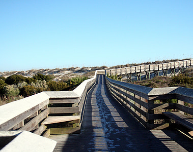 boardwalk, sand dune, rails, wooden, beach, shadows, walkway