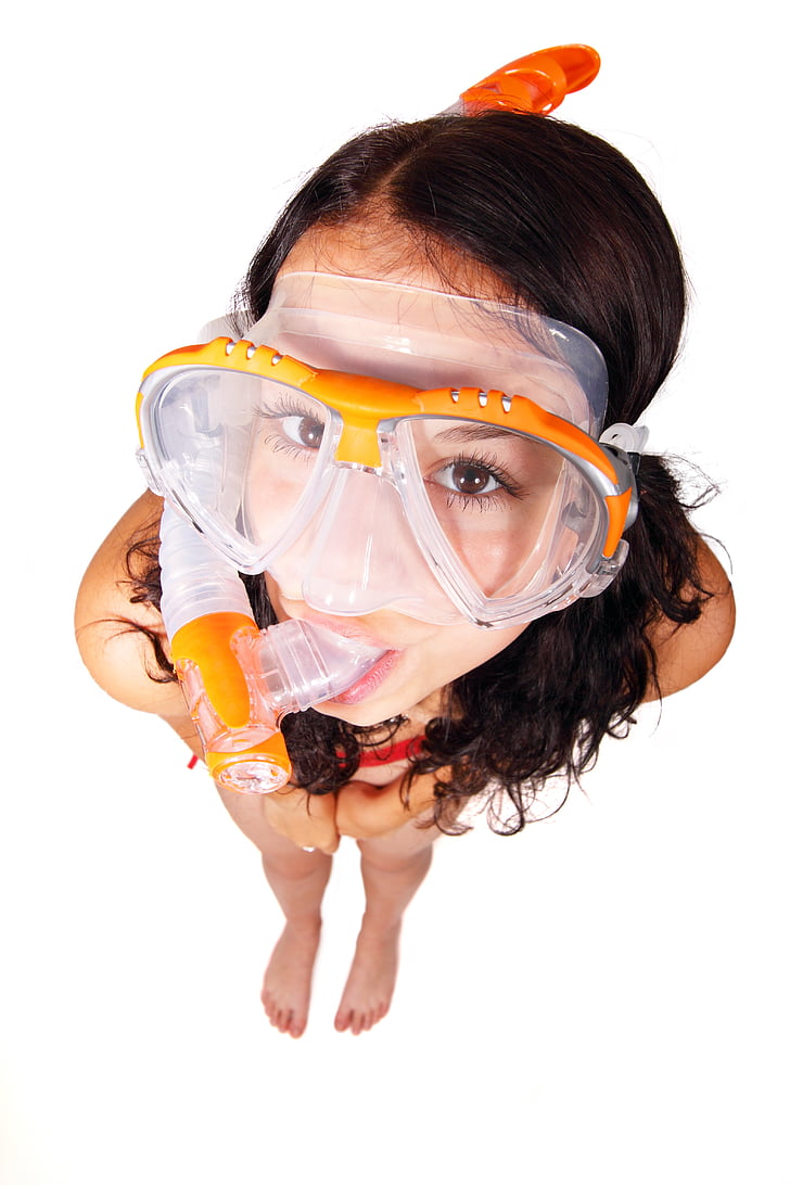 buceo, Diver, mujer, diversión, gafas, modelo, tubo respirador