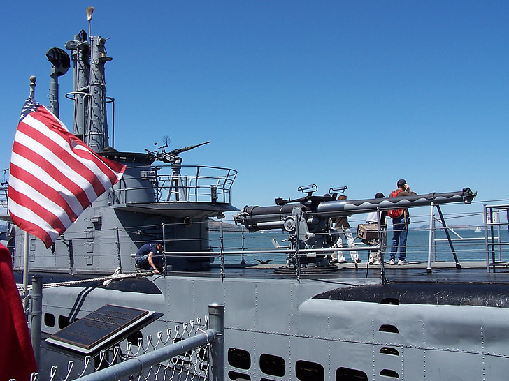 onderzeeër, pistool, schip, boot, vlag, militaire, oorlog