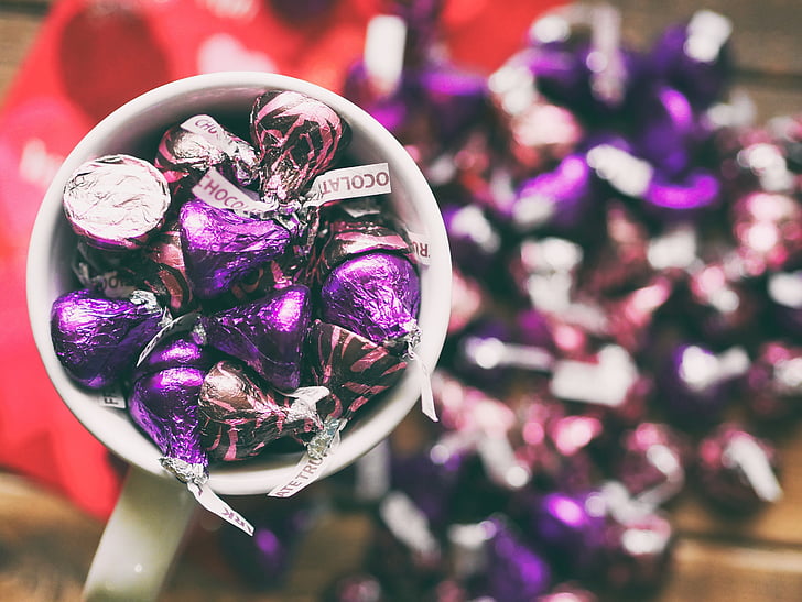 Šokoladas, mielas, bučiniai, violetinė, rudos spalvos, vyniotuvas, kolekcija