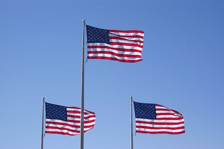 banderas, patriótico, Estados Unidos, viento, que sopla, azul, cielo