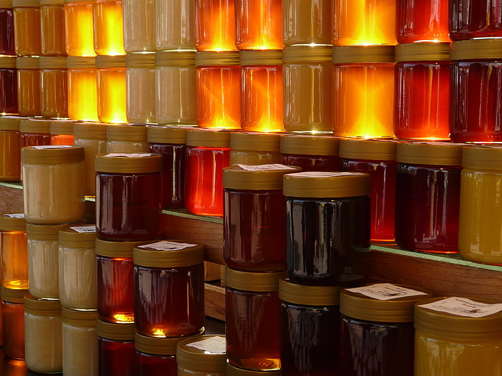 nazaj luči, hrane, medu, medu za prodajo, kozarec medu, kozarec, ohranjena