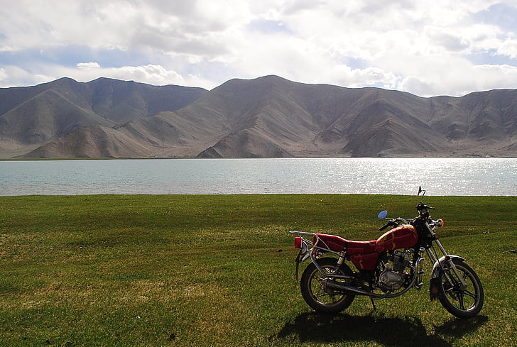 motorbike, lake, mountain, transportation, travel, nature, landscape