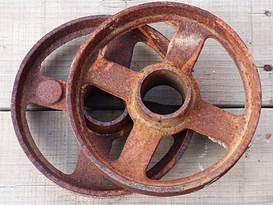 polia, mecanismo de, vintage, ferro, enferrujada, roda, ferro fundido