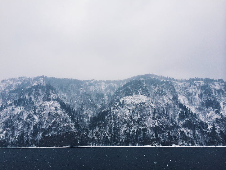 μαύρο και άσπρο, τοπίο, βουνό, φύση, Χειμώνας, χιόνι, δάσος