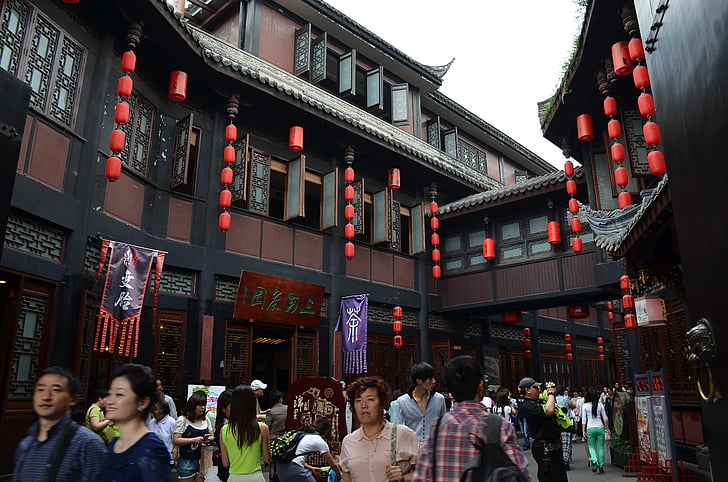 Jin-li, senosios gatvės, raudonų Žibintai, minios, turizmo, žmonės, kultūrų