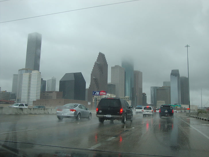 Panorama, déšť, město, automobily, mokrý, deštivé, kapky deště