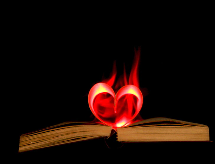 book, flame, heart, red, black background, no people, close-up