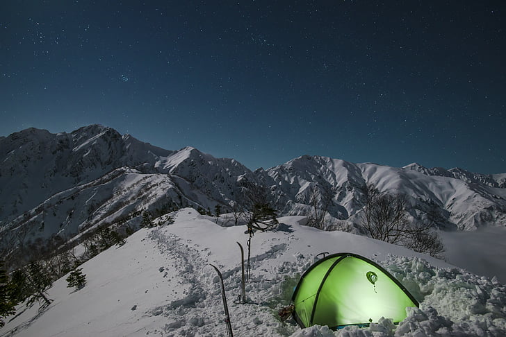 vista nocturna, muntanya de neu, tenda, escalada, zona nord dels alps, Japó, 3 mesos