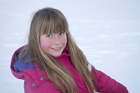 Tüdruk, inimese, talvel, lumi, pikad juuksed, välja, loodus