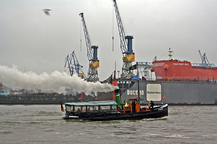 deštivé počasí, Harbour cruise, Hamburk, Tygr, historické nákladní člun, Blohm a voss, dok