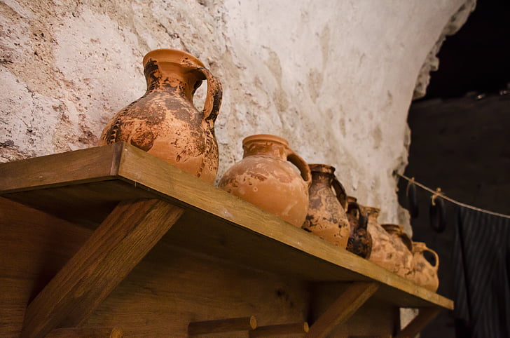 Clay potten, potten, oude, middeleeuwse, potten, kannen, antieke