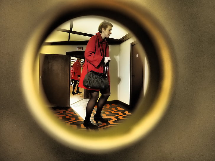 by looking, peephole, woman, voyeur, key hole, red, spannern