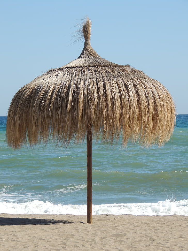 beach umbrella, sea, nature, mediterranean, torremolinos, waves, rocks