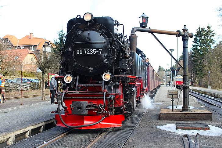 Локомотив, железопътните, парен локомотив, влекача, исторически, с балкон железопътни, железопътна линия