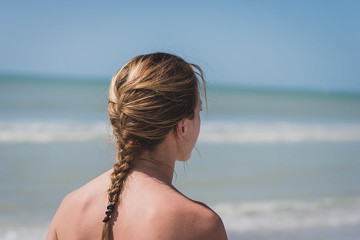 blonde, braided, woman, seashore, daytime, ocean water, braid