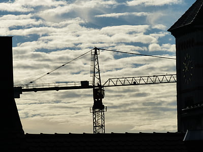 crane, baukran, site, build, red, white, boom