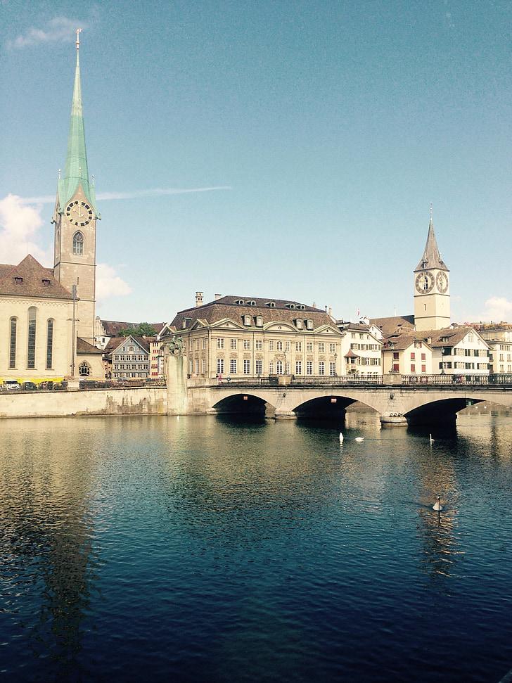 Zurich, limmath, rieka, Fraumünster, St peter's church, kostol, Sky