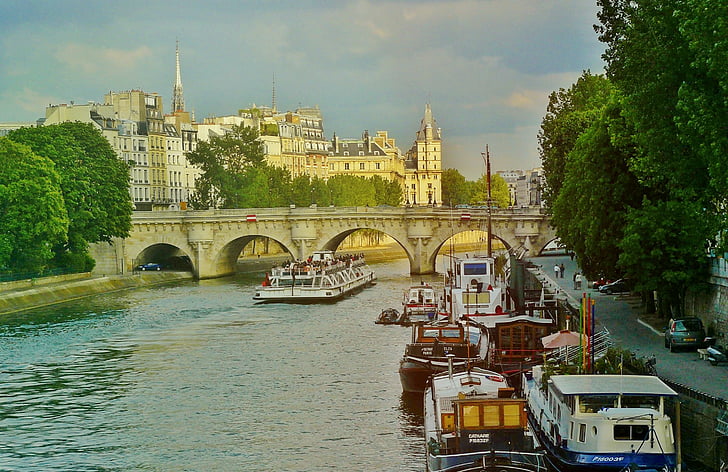 Párizs, Franciaország, folyó, csónakok, hajók, a, híd