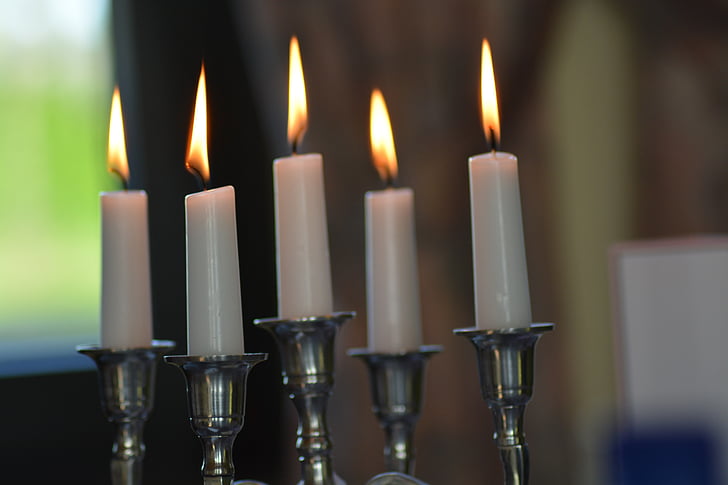 candles, candlestick, fire, flame, white, silver, candle